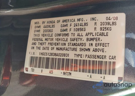 2008 Honda Accord 2.4 Ex-L из США, поврежденный, VIN 1HGCS12838A020931